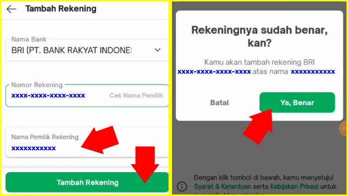 tambah rekening yang sudah benar ke tokopedia