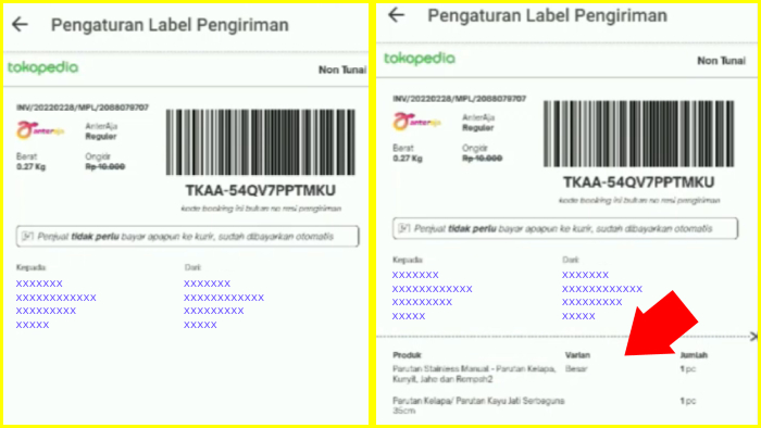 tampilan data tambahan pada label pengiriman berupa produk varian dan jumlah order