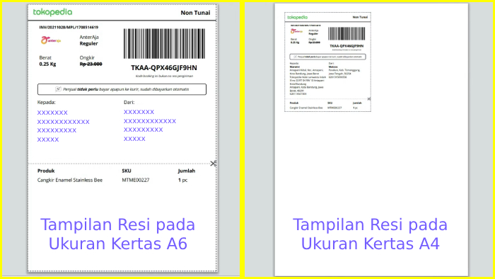 tampilan resi tokopedia pada kertas a6 dan a4