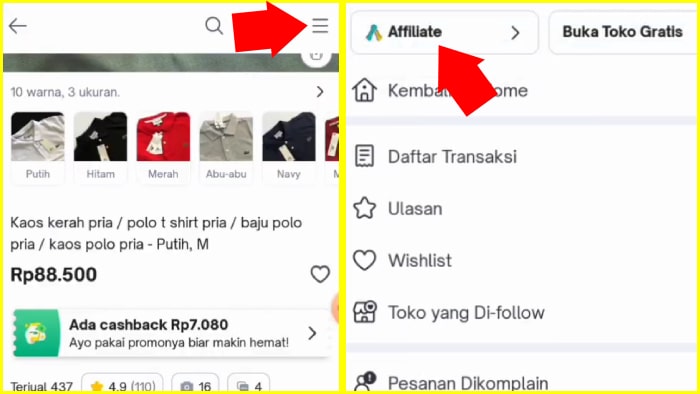 tap ikon 3 baris tap menu affiliate tokopedia