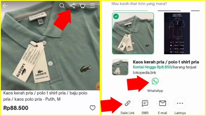 tap menu bagikan tap ikon whatsapp atau salin link tokopedia