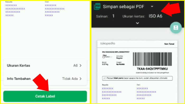 tap tombol cetak label ada opsi untuk pengaturan cetakan print nya