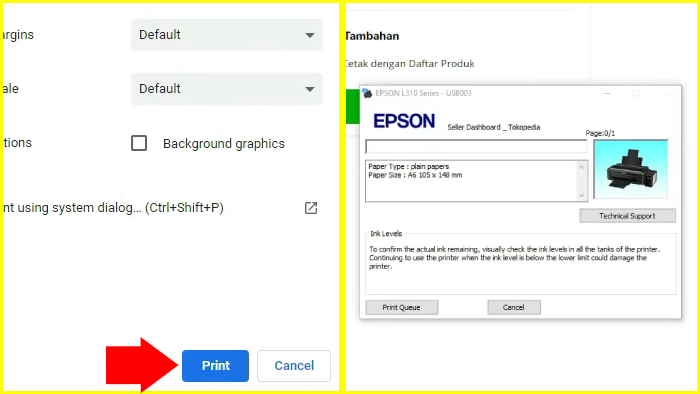 tekan tombol print jendela print preview untuk mencetak resi tokopedia