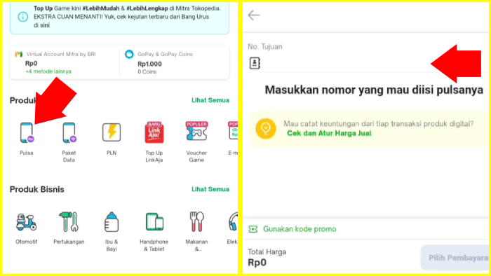 tes mengisi pulsa via aplikasi mitra tokopedia input nomor hp