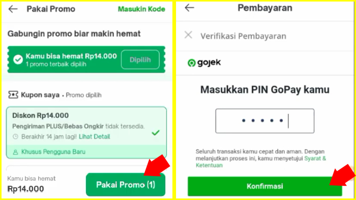 pilih promo lalu input pin gopay untuk bayar tagihan toped