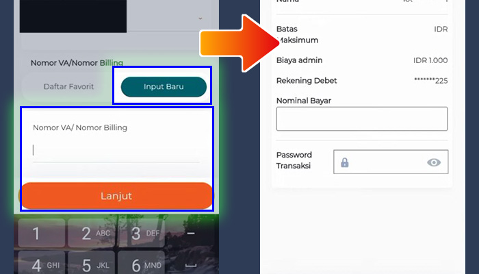 BNI Mobile transfer va billing input baru nomor va billing - validasi nominal bayar