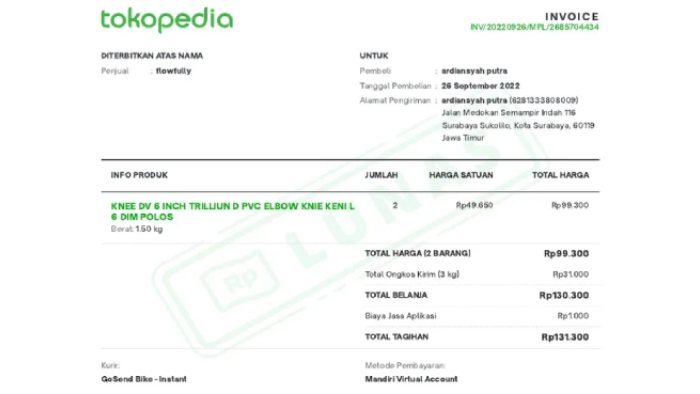 Contoh Invoice Tokopedia