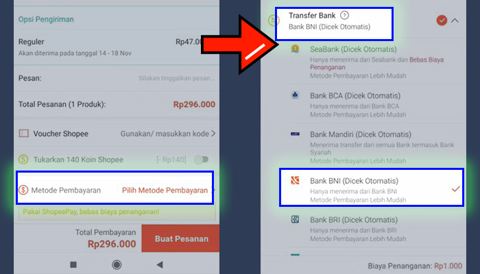 Shopee Metode Pembayaran - Transfer Bank BNI