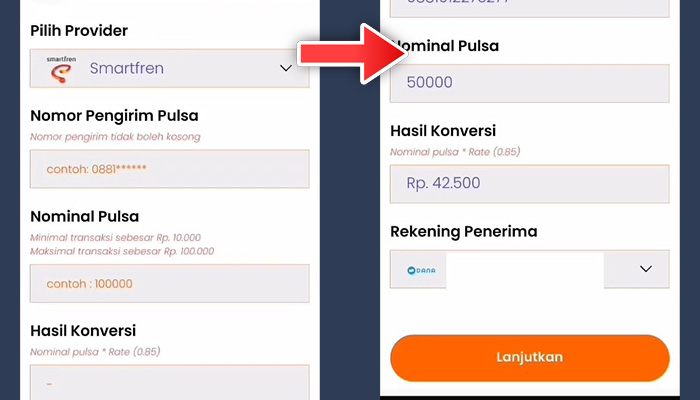 Tukar Pulsa provider nomor pengirim pulsa nominal pulsa - hasil konversi rekening penerima Dana