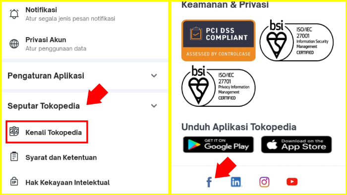 akses opsi kenali tokopedia scroll hingga nemu ikon facebook tokopedia