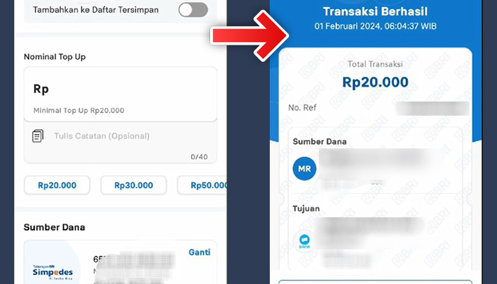 brimo e-wallet dana nominal top up - transaksi berhasil