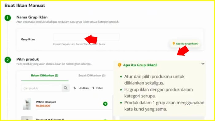 buat grup iklan manual tokopedia