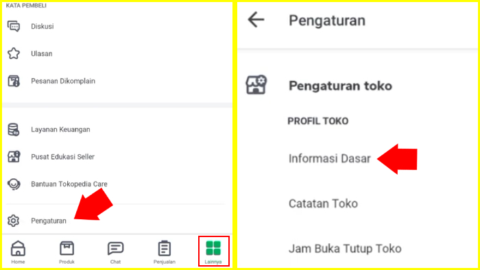 buka menu lainnya pada tokopedia seller pilih pengaturan