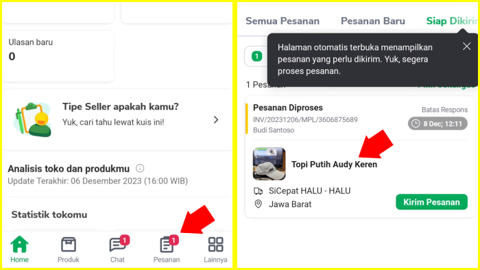 buka menu pesanan tokopedia seller tap transaksi yang mau ganti kurir tokopedia