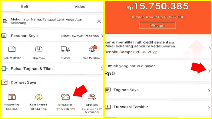 buka shopee tap menu spaylater lalu tap pada bagian jumlah yang harus dibayar