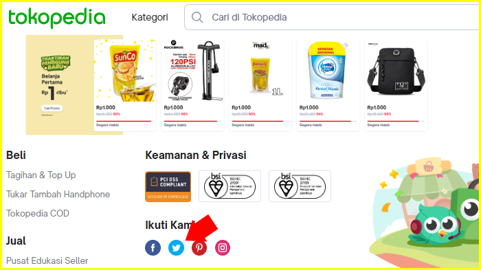 buka tokopedia dengan browser scroll hingga terbawah klik link twitter