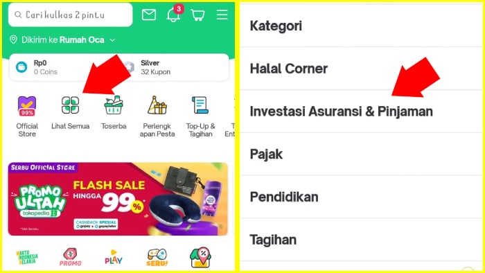 buka tokopedia lihat semua menu tap investasi asuransi pinjaman