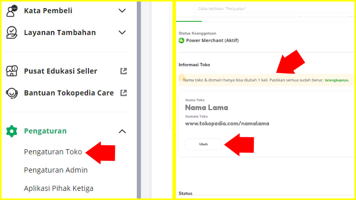 buka tokopedia seller via browser tekan pengaturan toko lalu tekan tombol ubah