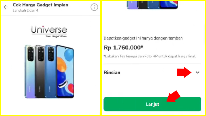 cek spesifikasi hp yang diinginkan tekan lanjut