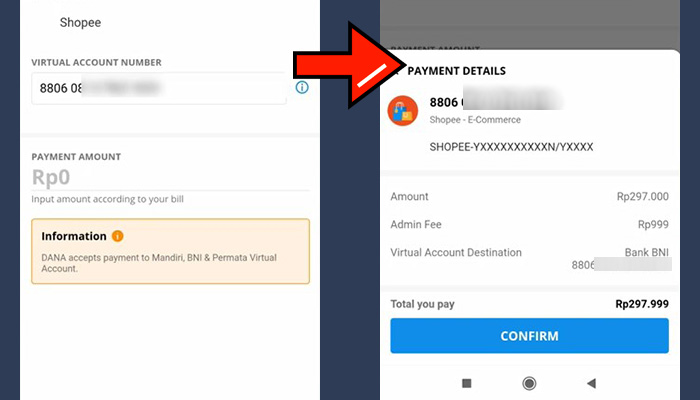 dana bni shopee virtual account nominal pembayaran - detail pembayaran