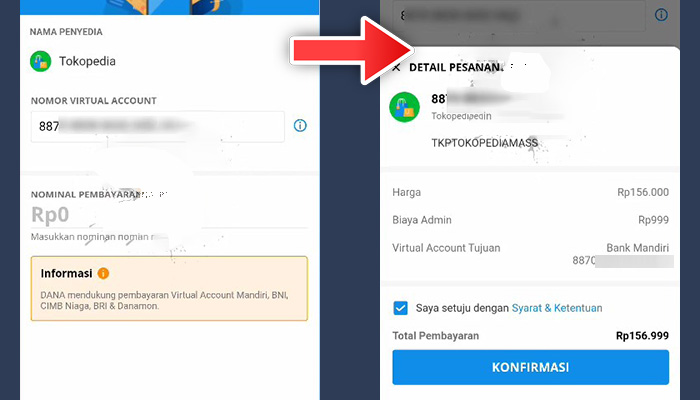 dana tokopedia mandiri nominal pembayaran - detail pembayaran