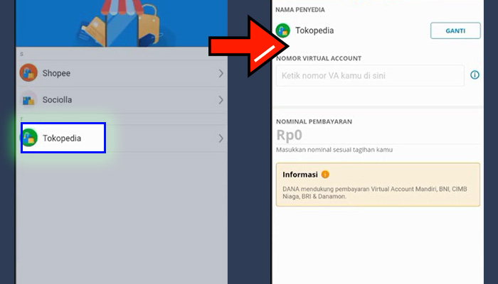dana tokopedia - nomor virtual account nominal pembayaran