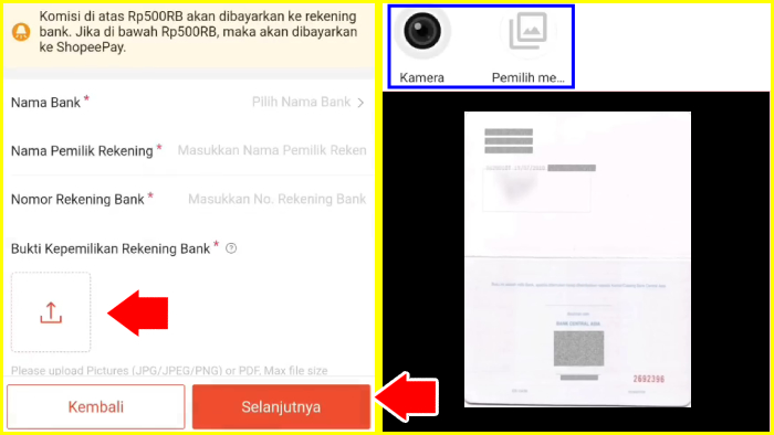 data rekening bank yang akan jadi rekening pembayaran shopee affiliate