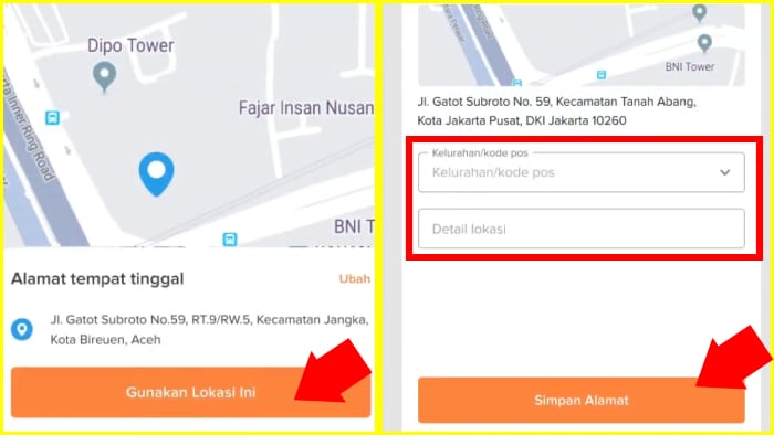 gunakan lokasi isi kode pos dan rt rw dan simpan alamat