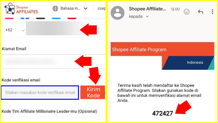 isi nomor hp dan email lalu input kode verifikasi dari shopee