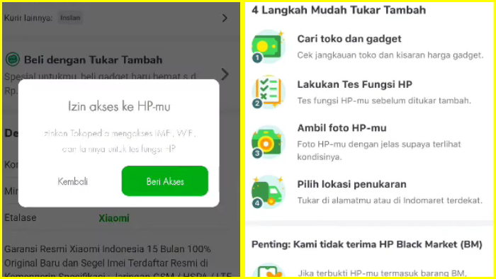 izin akses ke hp dan langkah mudah tukar tambah di tokopedia