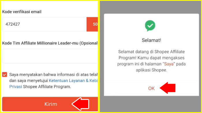 kirim balik kode verifikasinya ke shopee untuk langsung diterima program affiliasi shopee