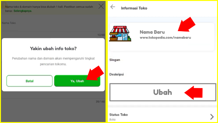 konfirmasi ubah nama toko dan nama toko tokopedia baru