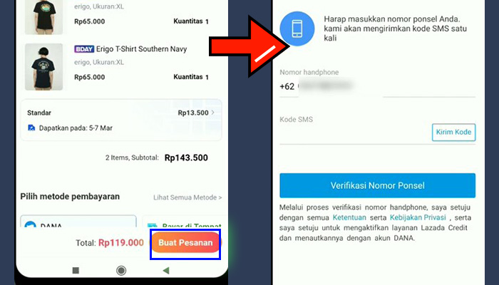 lazada buat pesanan - verifikasi nomor ponsel dana