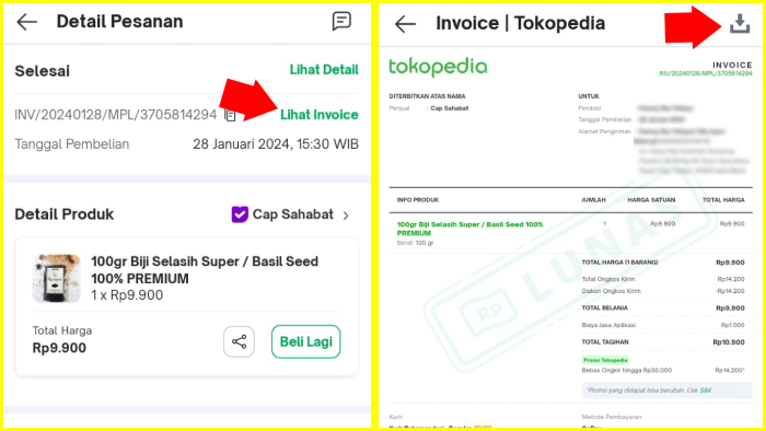 lihat invoice tokopedia tekan ikon download