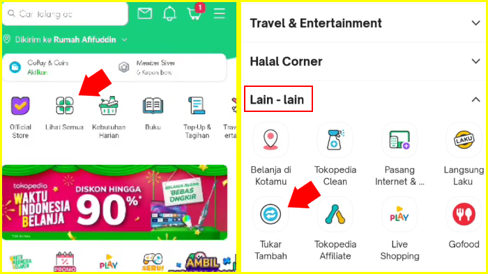 lihat semua menu tokopedia scroll ke opsi lain lain tap tukar tambah