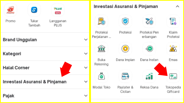 masuk menu investasi asuransi dan pinjaman lalu ke menu tokopedia card