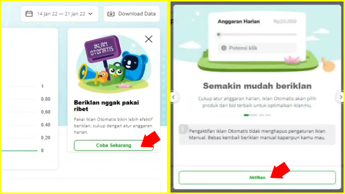 pada halaman iklan produk tap coba sekarang lalu aktifkan