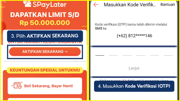 pilih aktifkan spaylater sekarang lalu masukkkan kode verifikasi otp