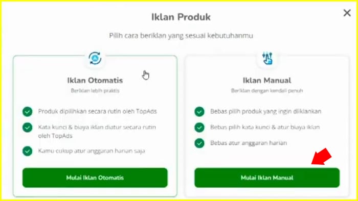 pilih iklan manual tokopedia