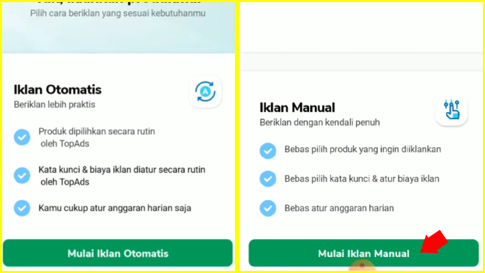 pilih iklan manual via aplikasi tokopedia seller