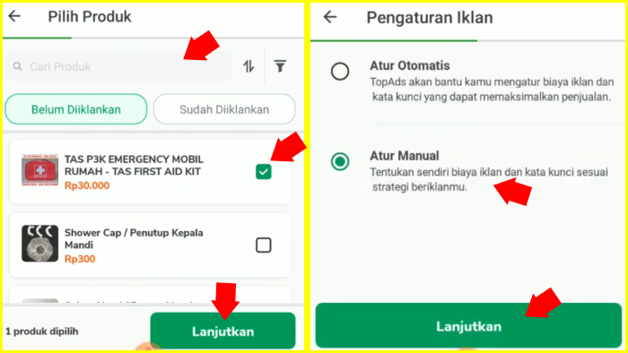 pilih produk mana yang ingin diiklankan lalu atur iklan otomatis atau manual