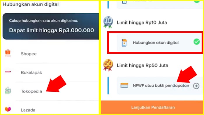 sambungkan akun digital dapat limit 3 juta untuk limit 50 juta