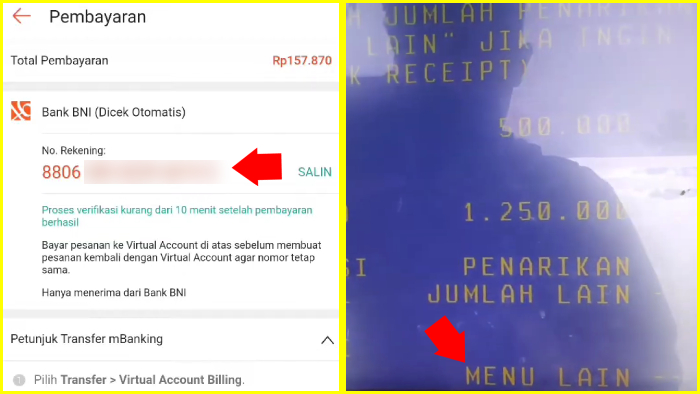 setelah dapat nomor va bni masuk ke atm bni lalu pilih menu lain