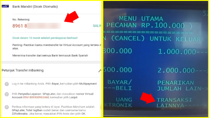 setelah dapat nomor va mandiri dari shopee paylater ke atm mandiri lalu tap menu transaksi lainnya