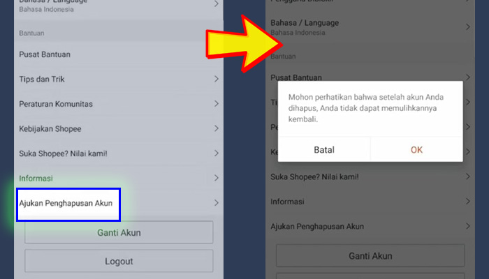 shopee ajukan penghapusan akun - oke