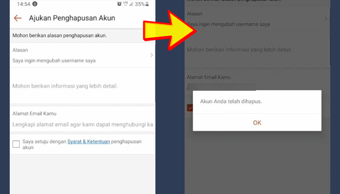 shopee alasan hapus akun - berhasil dihapus