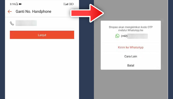 shopee ganti no handphone - kirim otp ke whatsapp