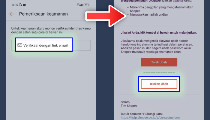 shopee no handphone verifikasi dengan link email - izinkan ubah