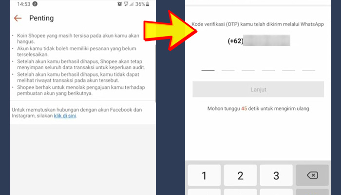 shopee penting hapus akun - kode otp