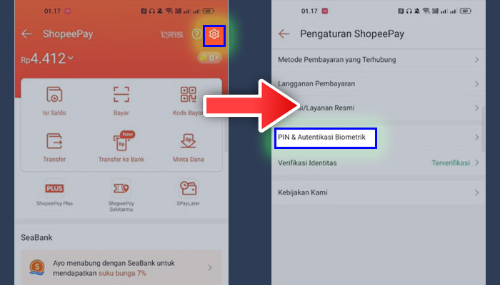 shopeepay pengaturan gerigi - pin dan autentikasi biometrik